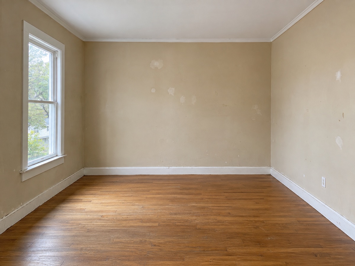 Before painting: patched beige walls in an empty room